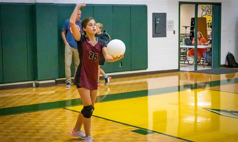 A volleyball player prepares to serve